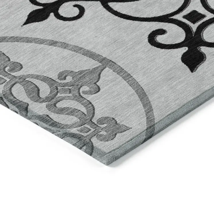 10' X 14' Gray Floral Medallion Washable Indoor Outdoor Area Rug