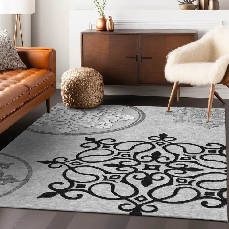 10' X 14' Gray Floral Medallion Washable Indoor Outdoor Area Rug