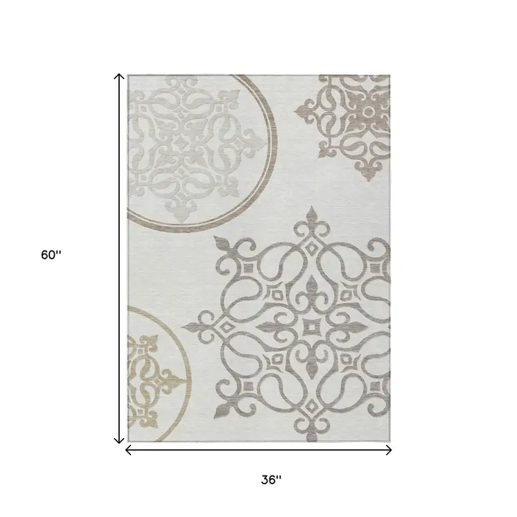 3' X 5' Ivory Floral Medallion Washable Indoor Outdoor Area Rug