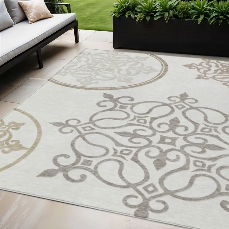 5' X 8' Ivory Floral Medallion Washable Indoor Outdoor Area Rug