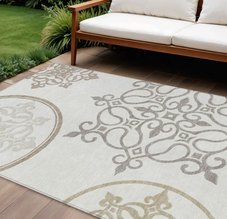 9' X 12' Ivory Floral Medallion Washable Indoor Outdoor Area Rug