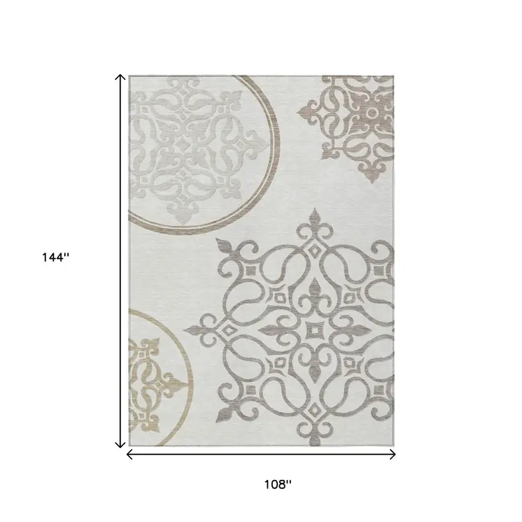 9' X 12' Ivory Floral Medallion Washable Indoor Outdoor Area Rug