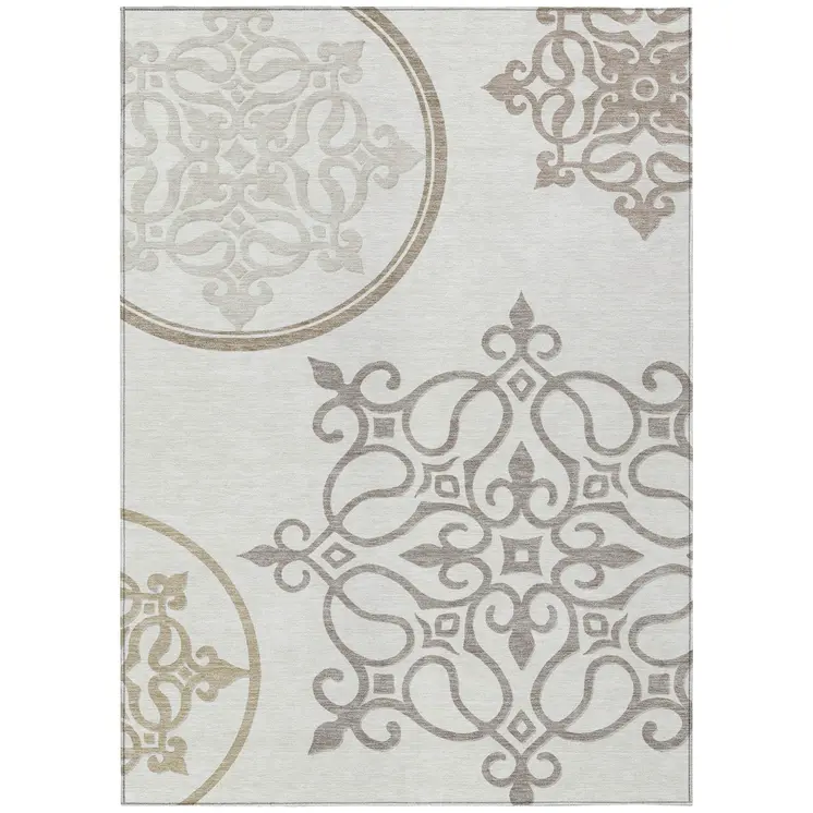 9' X 12' Ivory Floral Medallion Washable Indoor Outdoor Area Rug