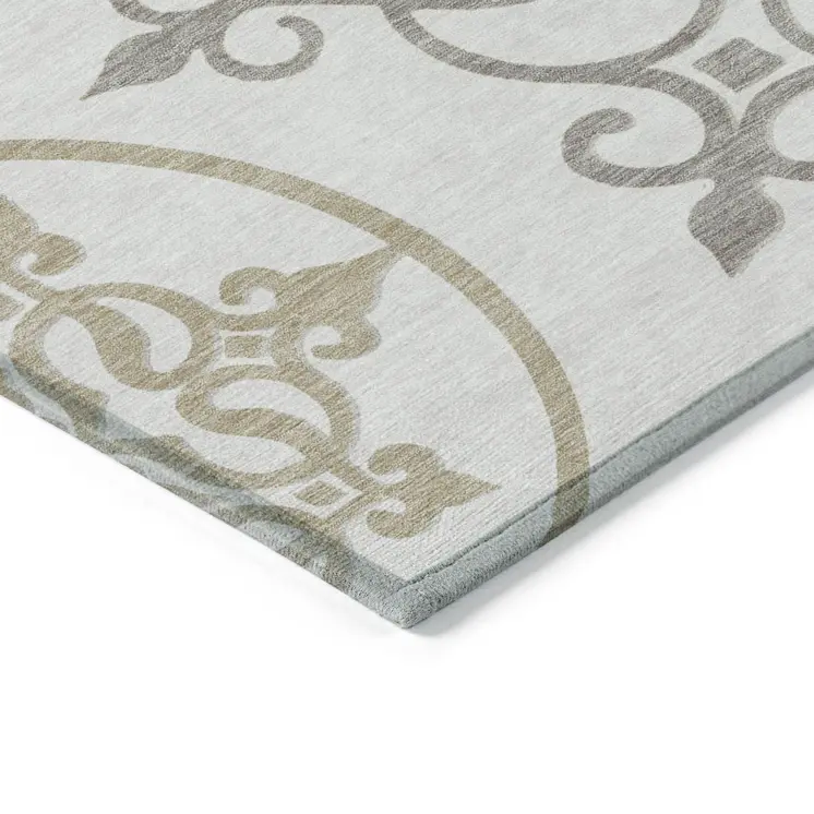 9' X 12' Ivory Floral Medallion Washable Indoor Outdoor Area Rug