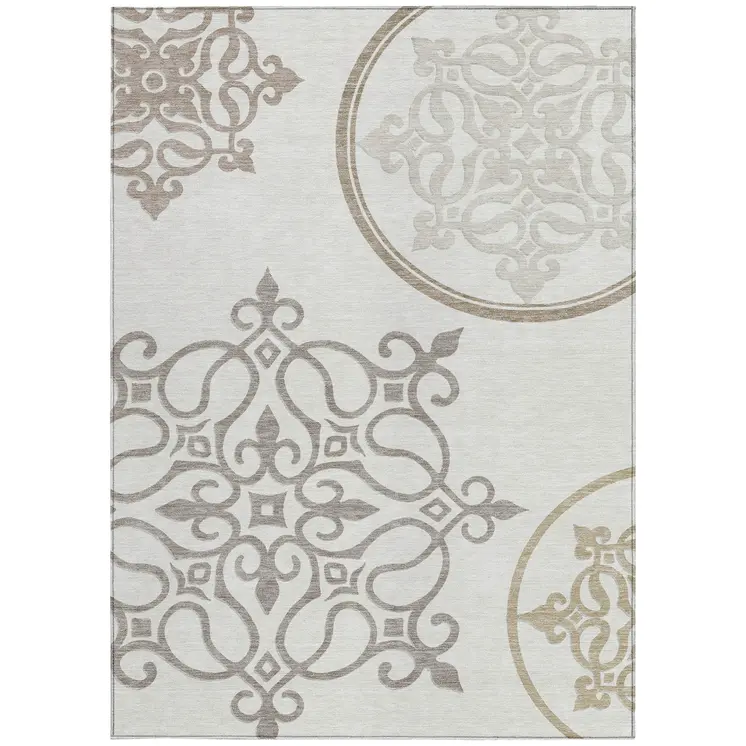 9' X 12' Ivory Floral Medallion Washable Indoor Outdoor Area Rug