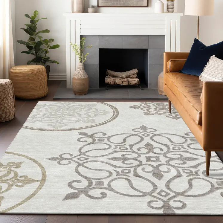 9' X 12' Ivory Floral Medallion Washable Indoor Outdoor Area Rug