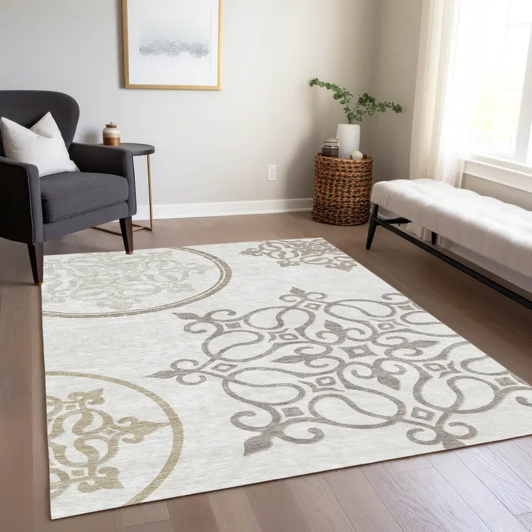 9' X 12' Ivory Floral Medallion Washable Indoor Outdoor Area Rug