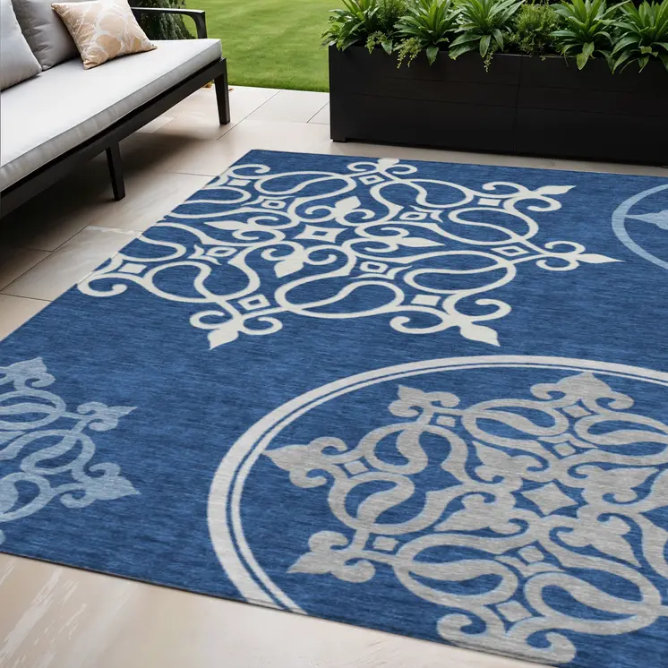 5' X 8' Navy Blue Floral Medallion Washable Indoor Outdoor Area Rug