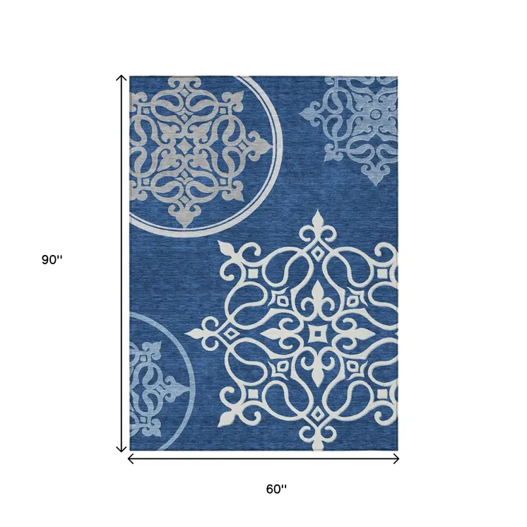 5' X 8' Navy Blue Floral Medallion Washable Indoor Outdoor Area Rug