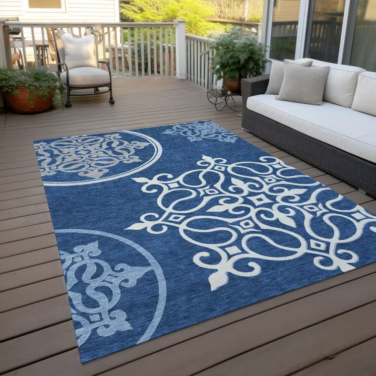 5' X 8' Navy Blue Floral Medallion Washable Indoor Outdoor Area Rug