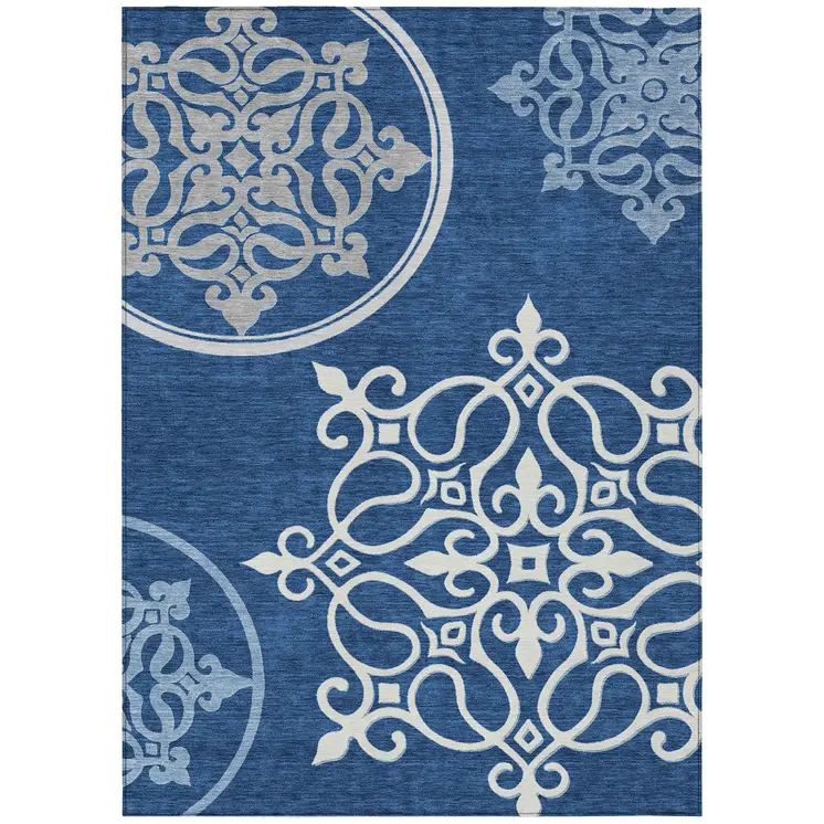 5' X 8' Navy Blue Floral Medallion Washable Indoor Outdoor Area Rug