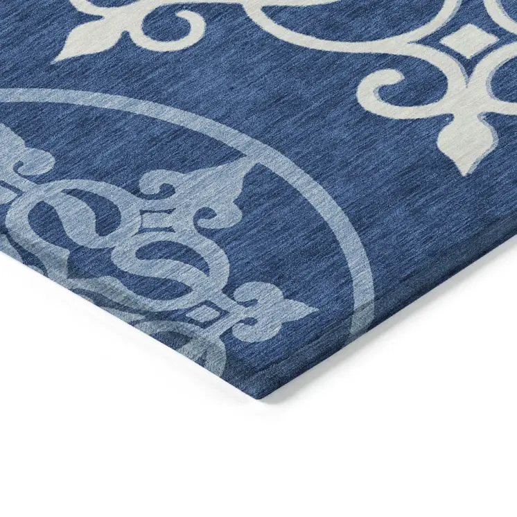 5' X 8' Navy Blue Floral Medallion Washable Indoor Outdoor Area Rug