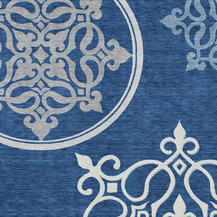5' X 8' Navy Blue Floral Medallion Washable Indoor Outdoor Area Rug