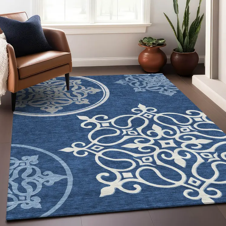5' X 8' Navy Blue Floral Medallion Washable Indoor Outdoor Area Rug