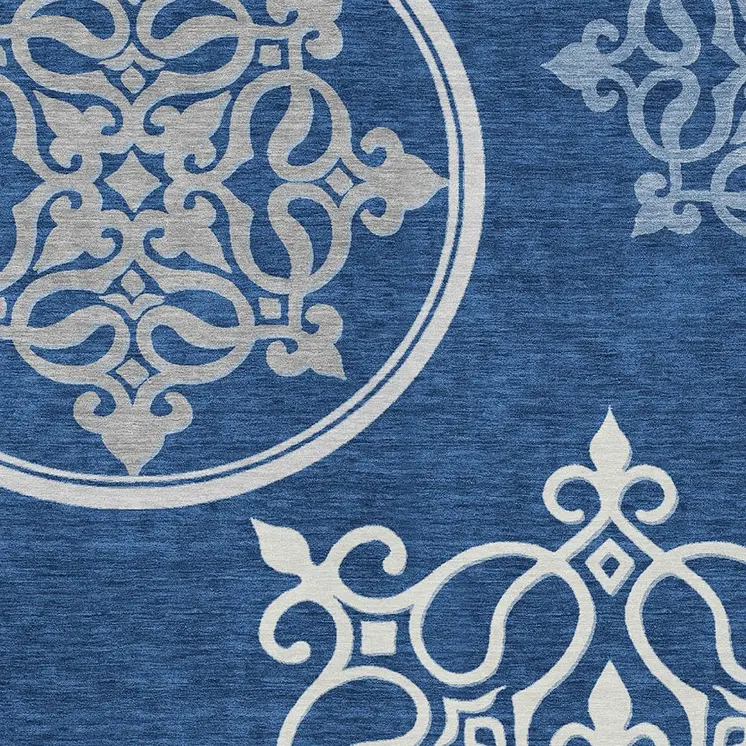 8' X 10' Navy Blue Floral Medallion Washable Indoor Outdoor Area Rug