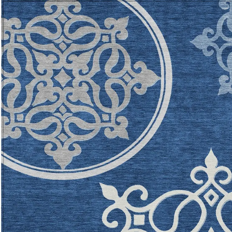 9' X 12' Navy Blue Floral Medallion Washable Indoor Outdoor Area Rug