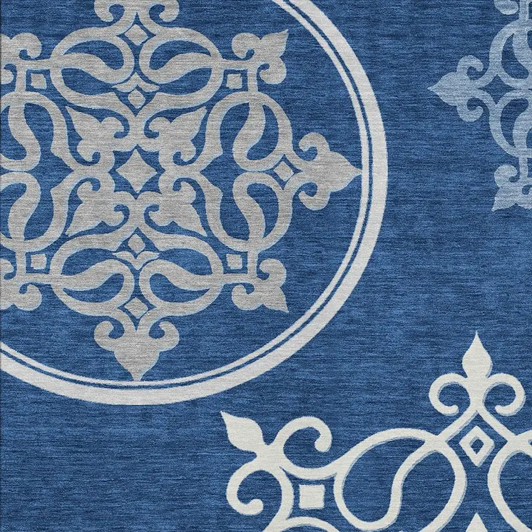 10' X 14' Navy Blue Floral Medallion Washable Indoor Outdoor Area Rug