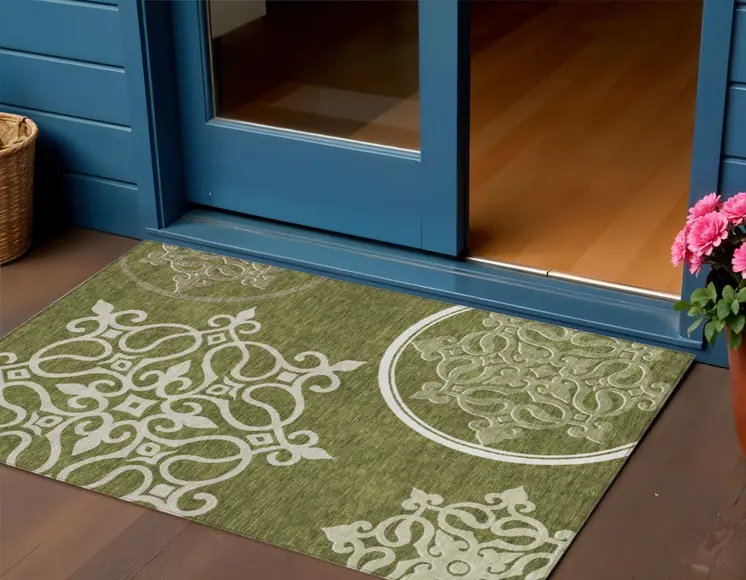 3' X 5' Olive Green Floral Medallion Washable Indoor Outdoor Area Rug