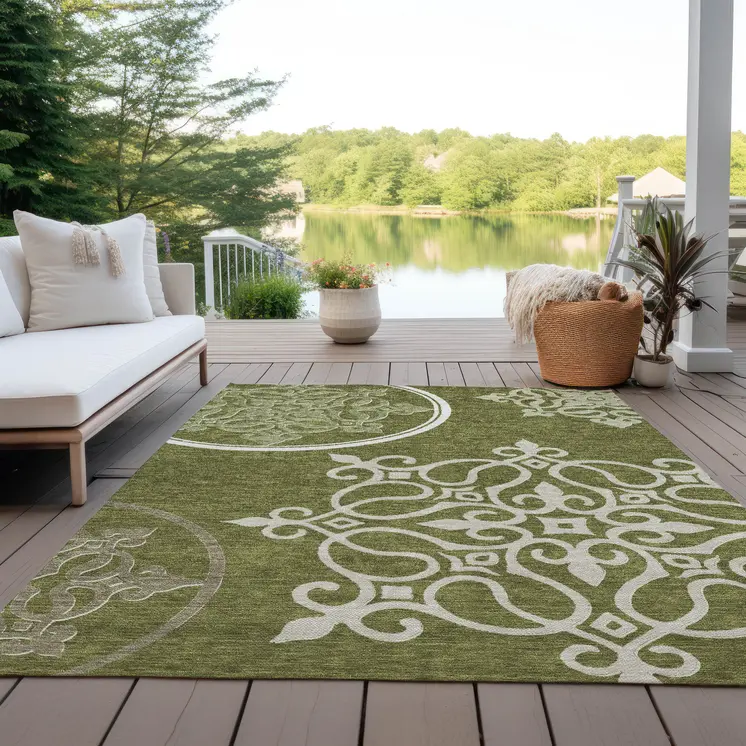 3' X 5' Olive Green Floral Medallion Washable Indoor Outdoor Area Rug