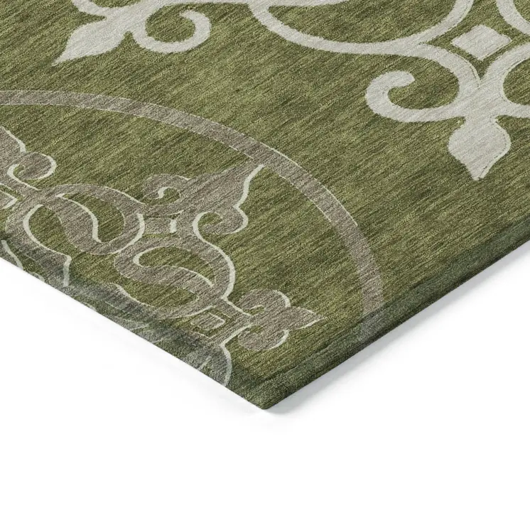 3' X 5' Olive Green Floral Medallion Washable Indoor Outdoor Area Rug