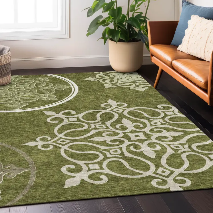 3' X 5' Olive Green Floral Medallion Washable Indoor Outdoor Area Rug