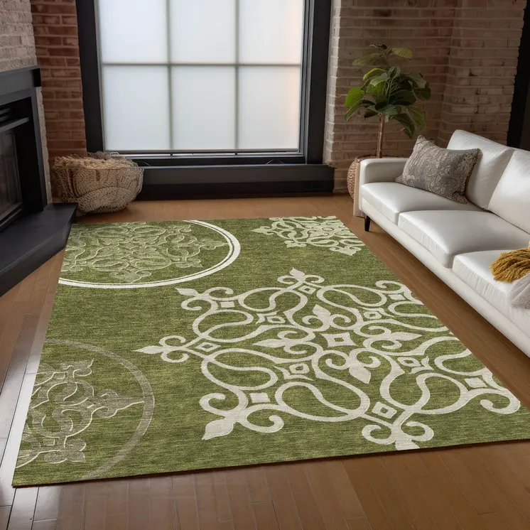 3' X 5' Olive Green Floral Medallion Washable Indoor Outdoor Area Rug