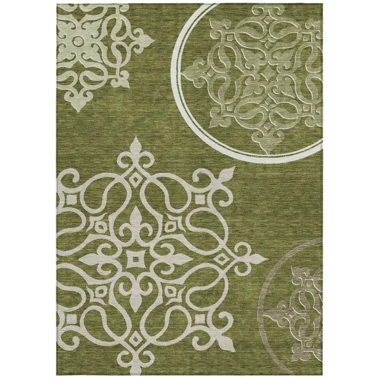 5' X 8' Olive Green Floral Medallion Washable Indoor Outdoor Area Rug