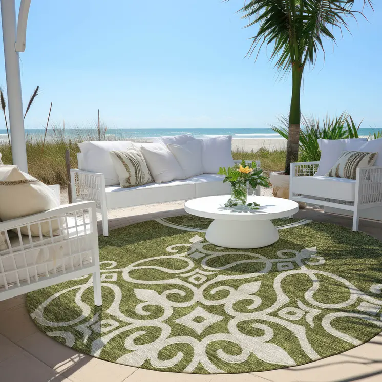 8' Olive Green Round Floral Medallion Washable Indoor Outdoor Area Rug