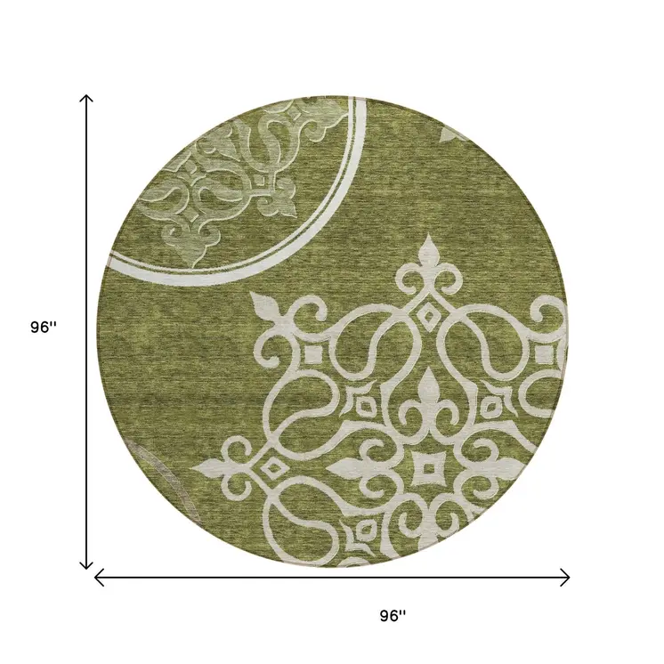 8' Olive Green Round Floral Medallion Washable Indoor Outdoor Area Rug