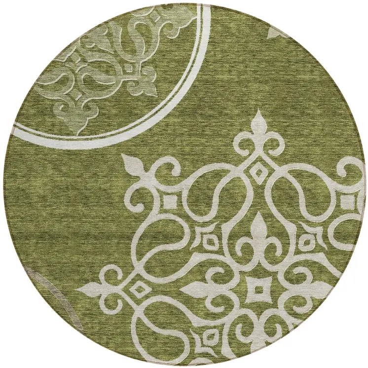 8' Olive Green Round Floral Medallion Washable Indoor Outdoor Area Rug