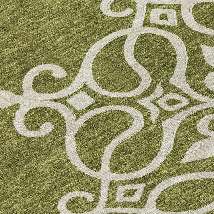 8' Olive Green Round Floral Medallion Washable Indoor Outdoor Area Rug