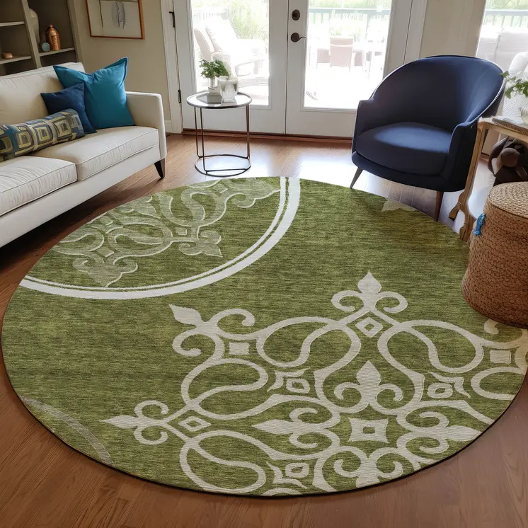 8' Olive Green Round Floral Medallion Washable Indoor Outdoor Area Rug