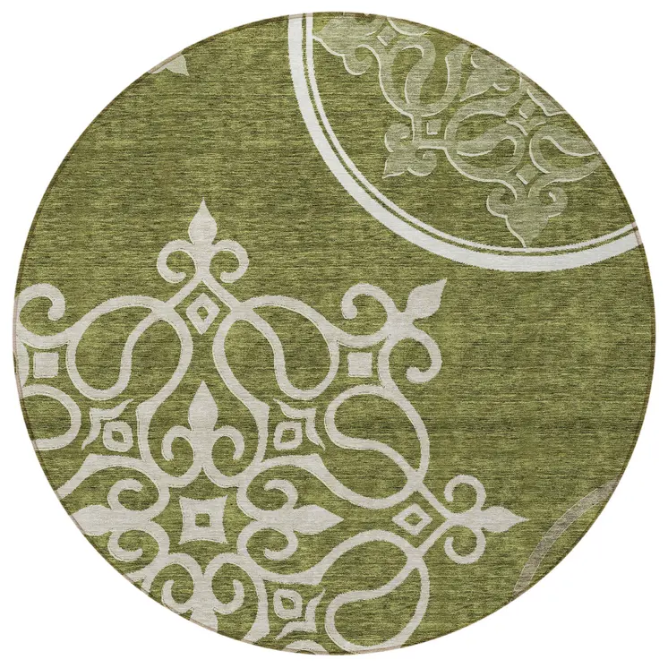 8' Olive Green Round Floral Medallion Washable Indoor Outdoor Area Rug