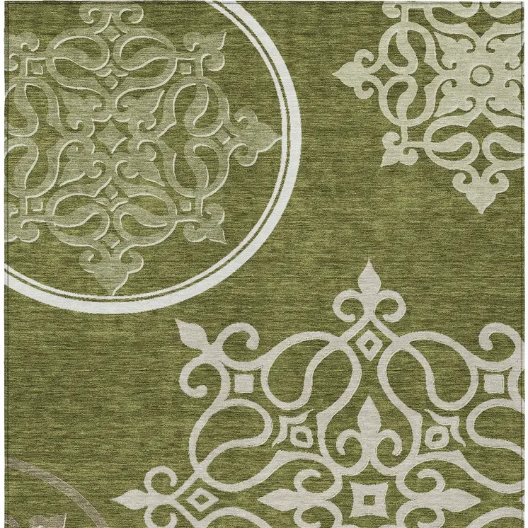 8' X 10' Olive Green Floral Medallion Washable Indoor Outdoor Area Rug