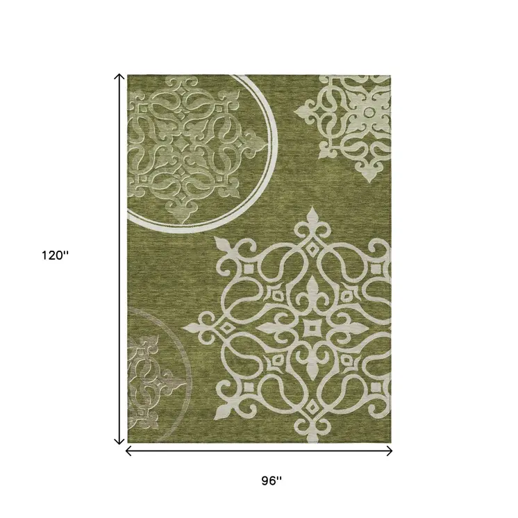 8' X 10' Olive Green Floral Medallion Washable Indoor Outdoor Area Rug