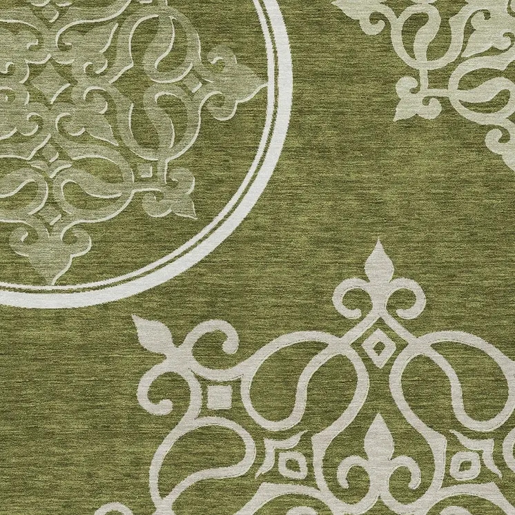 8' X 10' Olive Green Floral Medallion Washable Indoor Outdoor Area Rug