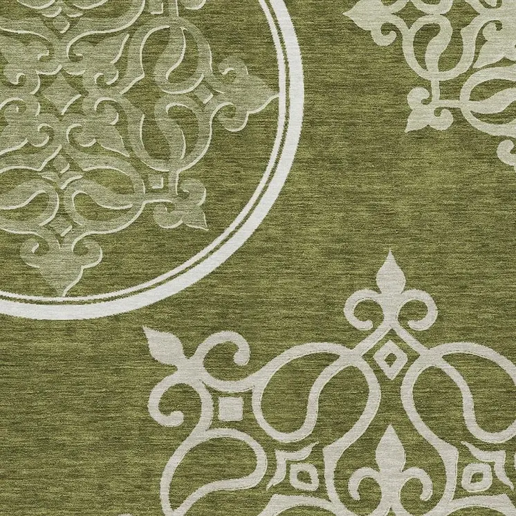 10' X 14' Olive Green Floral Medallion Washable Indoor Outdoor Area Rug