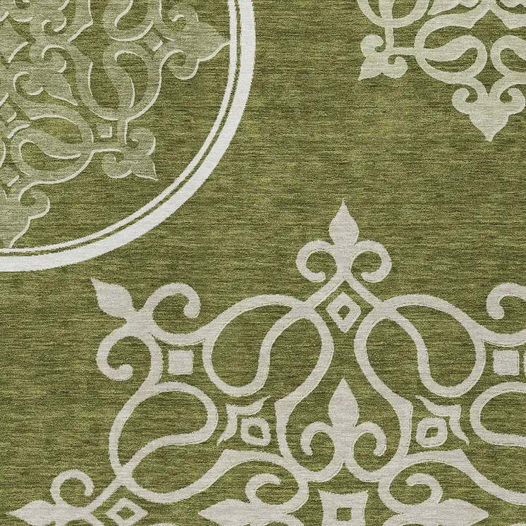 10' X 14' Olive Green Floral Medallion Washable Indoor Outdoor Area Rug
