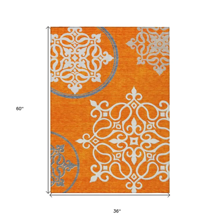 3' X 5' Orange Gray And Ivory Floral Medallion Washable Indoor Outdoor Area Rug
