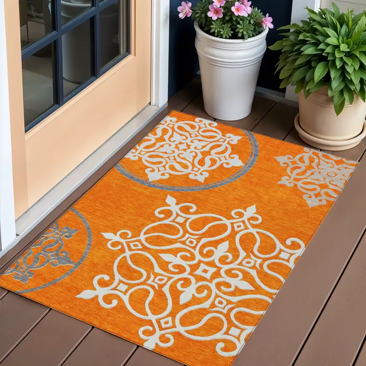 3' X 5' Orange Gray And Ivory Floral Medallion Washable Indoor Outdoor Area Rug