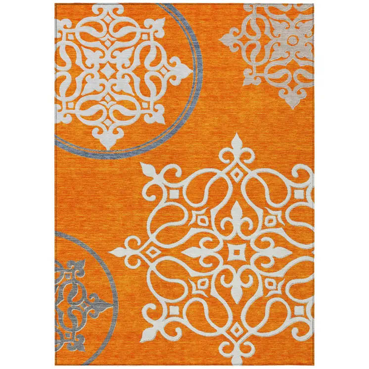 3' X 5' Orange Gray And Ivory Floral Medallion Washable Indoor Outdoor Area Rug