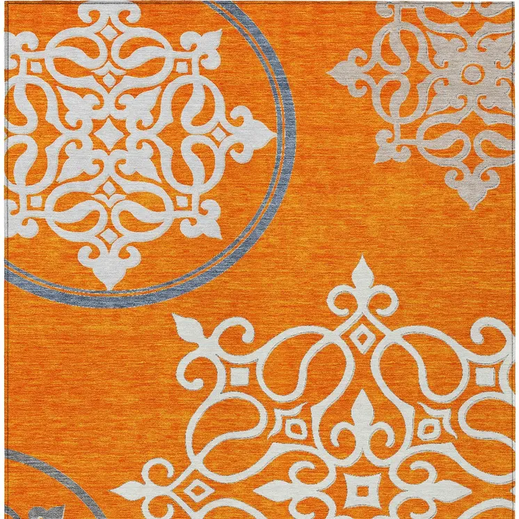 3' X 5' Orange Gray And Ivory Floral Medallion Washable Indoor Outdoor Area Rug