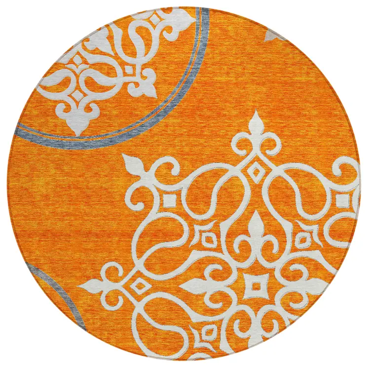 8' Orange Gray And Ivory Round Floral Medallion Washable Indoor Outdoor Area Rug