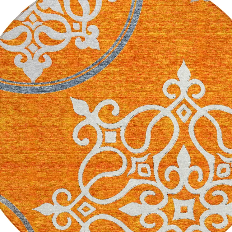 8' Orange Gray And Ivory Round Floral Medallion Washable Indoor Outdoor Area Rug