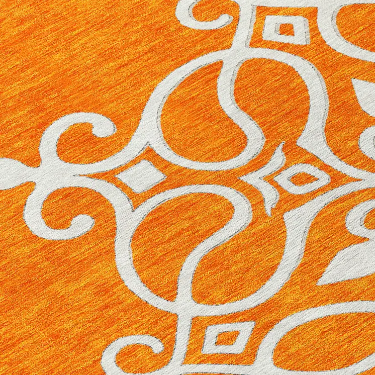 8' Orange Gray And Ivory Round Floral Medallion Washable Indoor Outdoor Area Rug