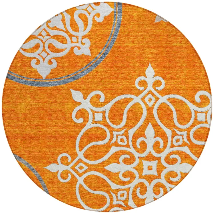 8' Orange Gray And Ivory Round Floral Medallion Washable Indoor Outdoor Area Rug