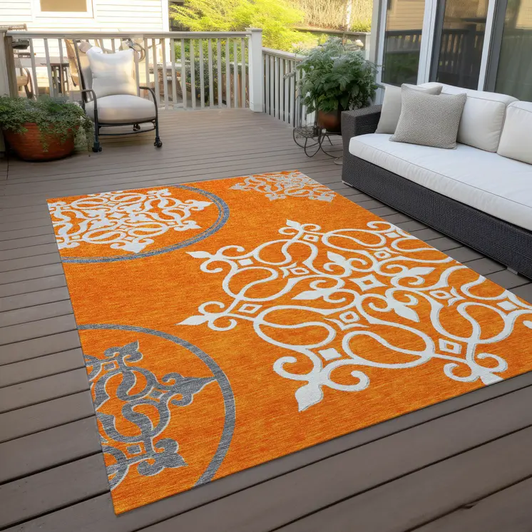 10' X 14' Orange Gray And Ivory Floral Medallion Washable Indoor Outdoor Area Rug