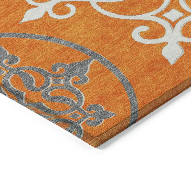 10' X 14' Orange Gray And Ivory Floral Medallion Washable Indoor Outdoor Area Rug