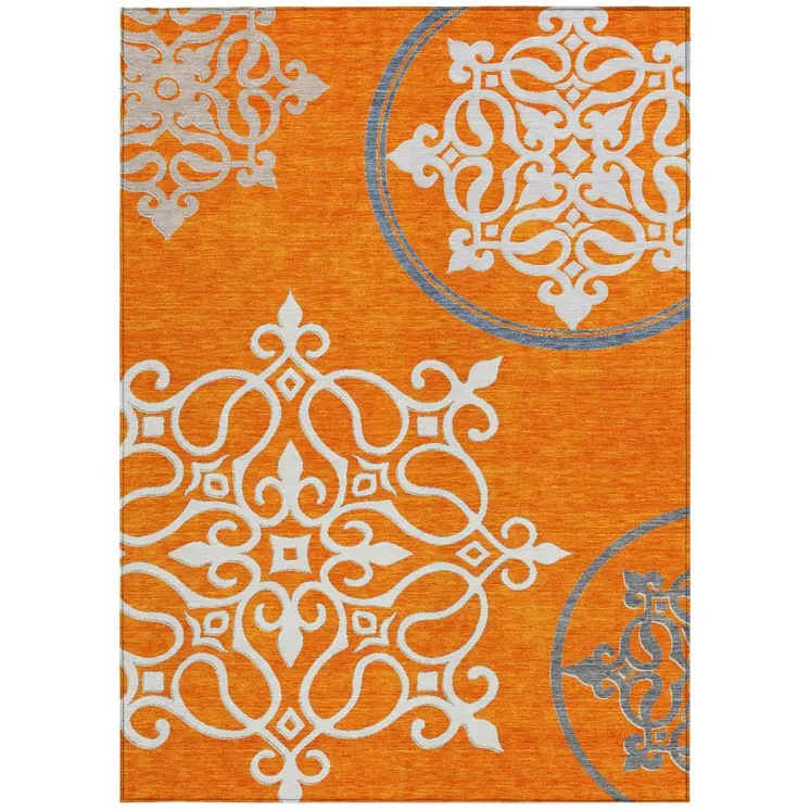 10' X 14' Orange Gray And Ivory Floral Medallion Washable Indoor Outdoor Area Rug