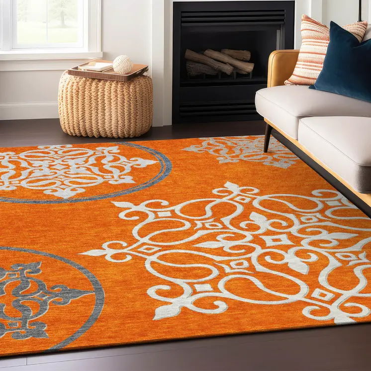 10' X 14' Orange Gray And Ivory Floral Medallion Washable Indoor Outdoor Area Rug
